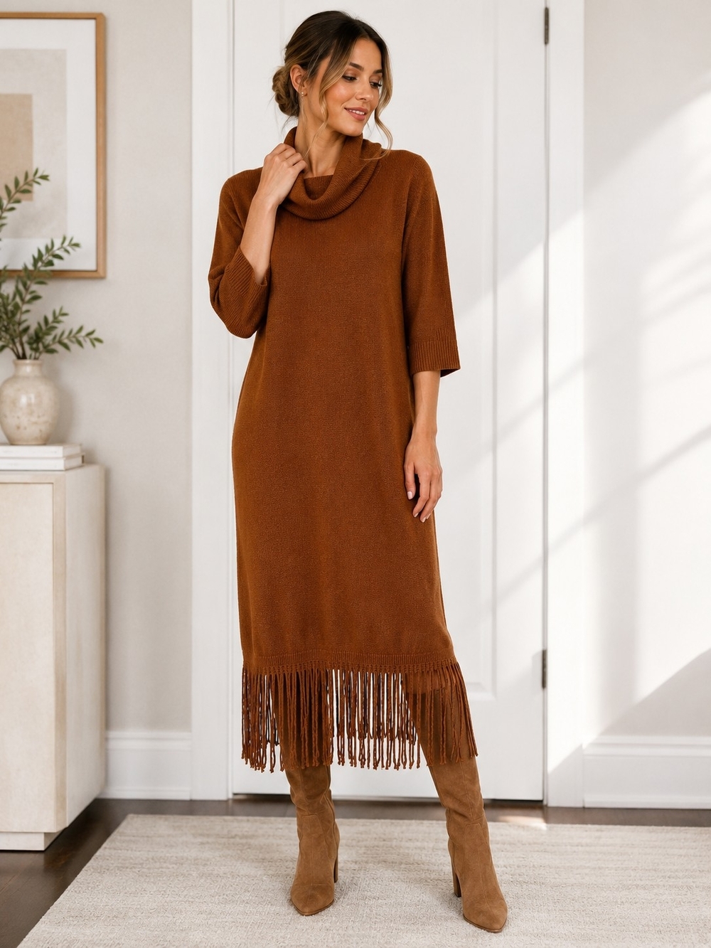 New York & Company Rust Cowl Neck Fringe Sweater Dress Size L NWT